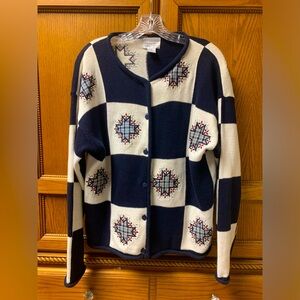 Christopher & Banks Women’s Blue & White Cardigan Quilt Patchwork Size Large